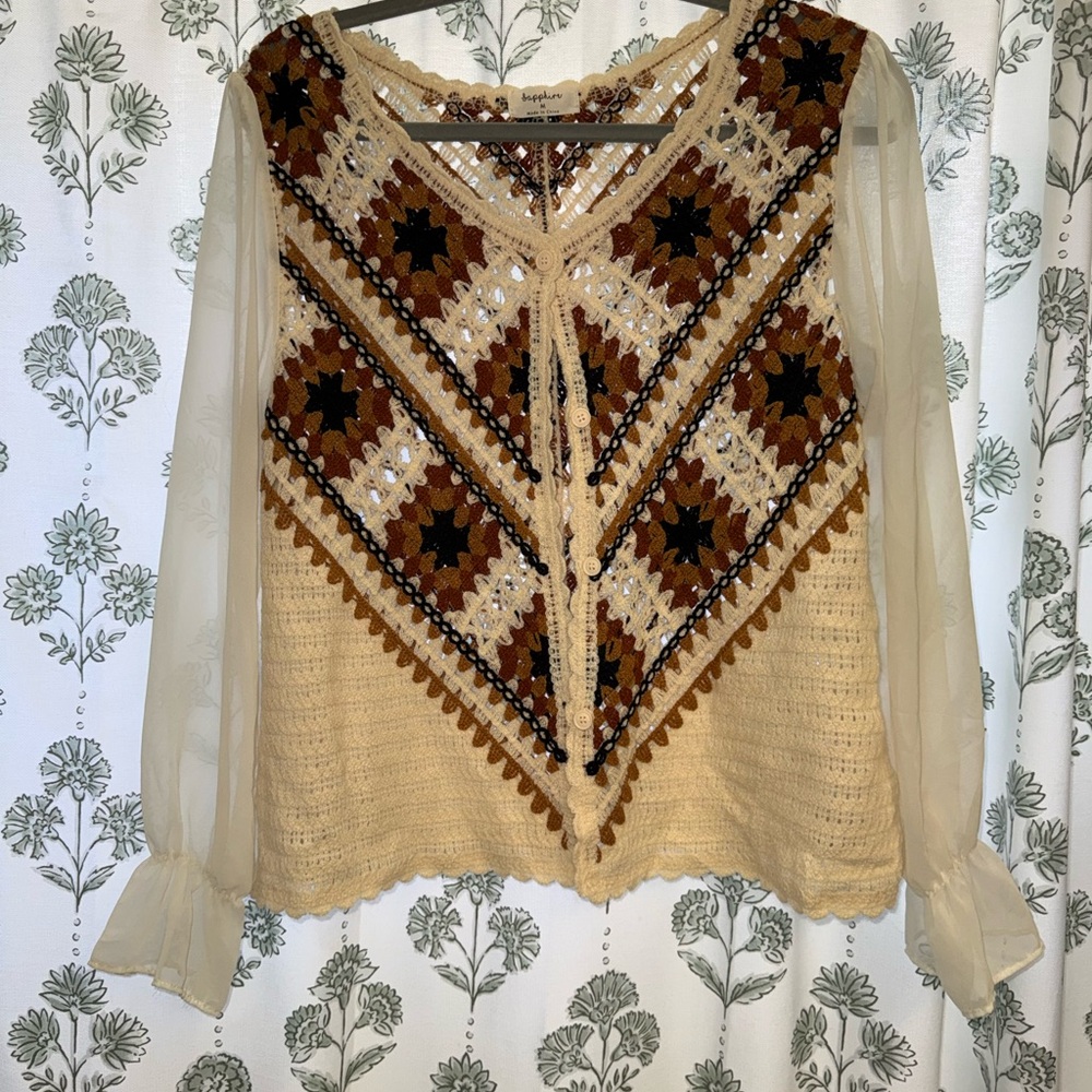 Boho Crochet Front-Tie Top with Sheer Sleeves